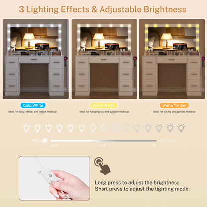 TEENFON Vanity with Large Mirror and 12 LED Lights, Vanity Desk with 7 Drawers & Hairdryer Holder, Makeup Vanity Desk with Charging Station for Women, Girls, 3 Lighting Color Adjustable, White