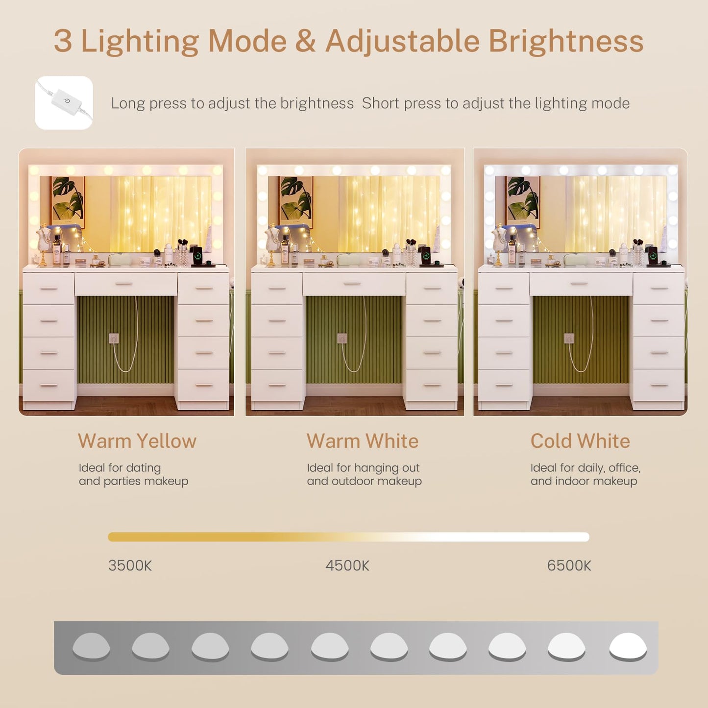 TEENFON 46" Vanity Desk with Glass Top & Lights Mirror, 3 Adjustable Lighting Color, Makeup Vanity with 9 Drawers and 12 LED Lights, Dressing Table for Bedroom, Vanity for Girls, White