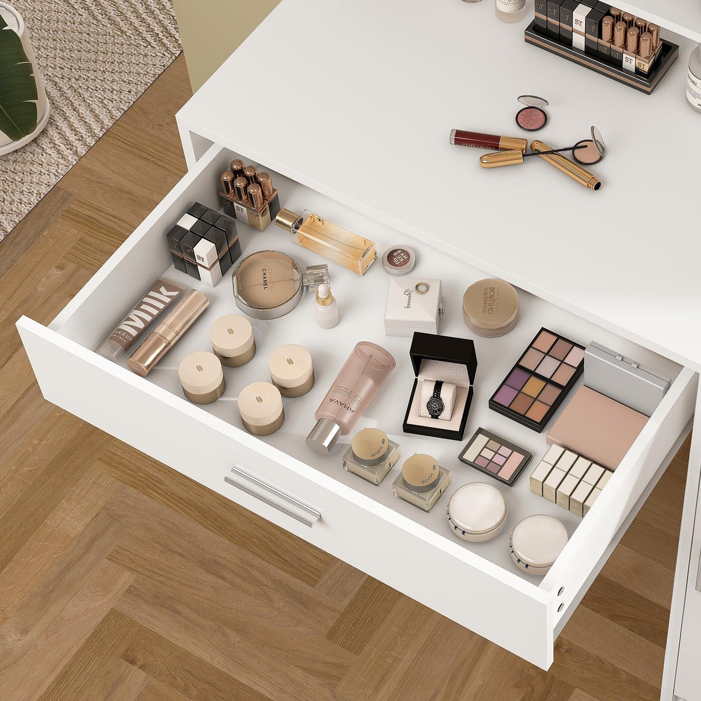 TEENFON Vanity Desk with Mirror and Lights, Makeup Vanity with 5 Drawers and 3 Storage Shelves, 3 Color Modes & Adjustable Brightness Dressing Table, Vanity for Girls, White