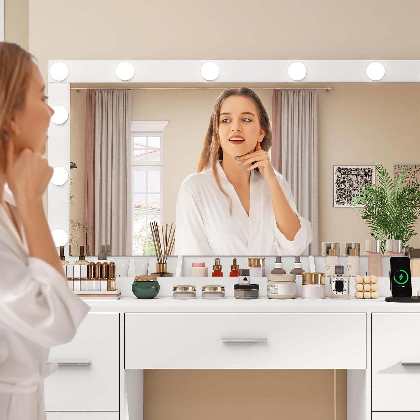 TEENFON Vanity with Large Mirror and 12 LED Lights, Vanity Desk with 7 Drawers & Hairdryer Holder, Makeup Vanity Desk with Charging Station for Women, Girls, 3 Lighting Color Adjustable, White