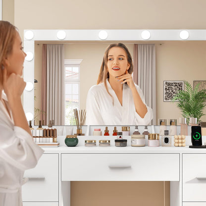 TEENFON Vanity with Large Mirror and 12 LED Lights, Vanity Desk with 7 Drawers & Hairdryer Holder, Makeup Vanity Desk with Charging Station for Women, Girls, 3 Lighting Color Adjustable, White