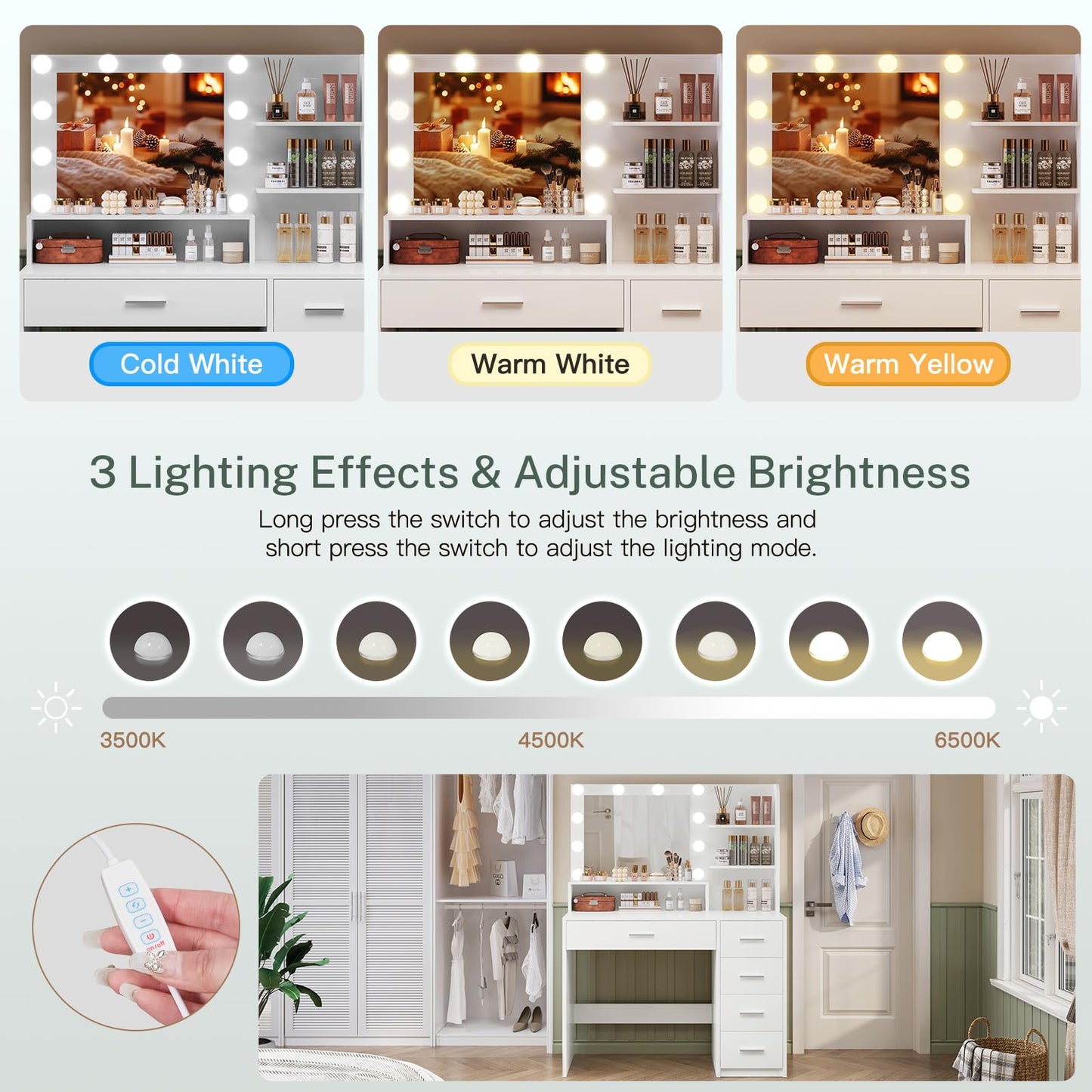 TEENFON Vanity Desk with Mirror and Lights, Makeup Vanity with 5 Drawers and 3 Storage Shelves, 3 Color Modes & Adjustable Brightness Dressing Table, Vanity for Girls, White