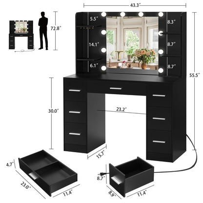 Large Makeup Vanity, 43.3" Vanity Desk with Mirror and Lights, Makeup Vanity Table with 7 Drawers, 4 Shelves, 5 Jewel Hooks & Power Strip, Vanity Desk Set for Bedroom, Black