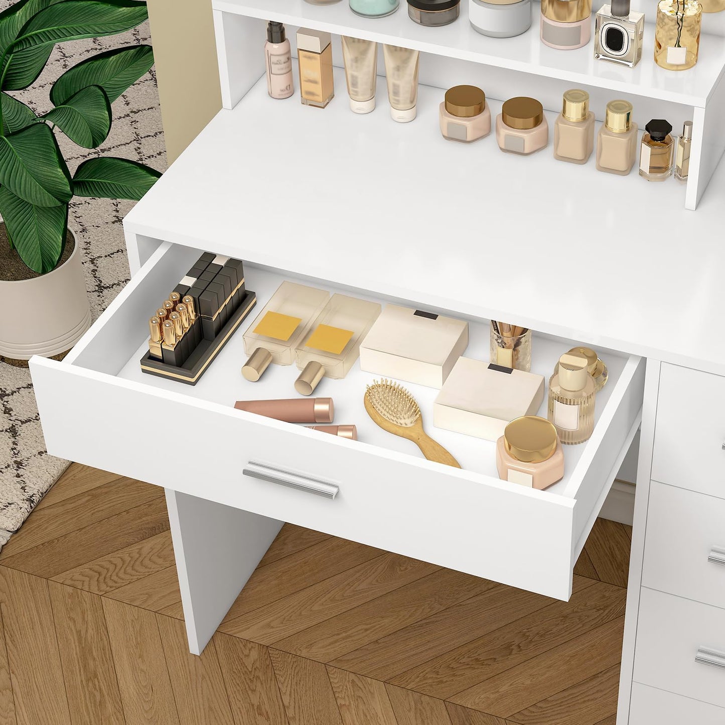 TEENFON Vanity Desk with Touch LIighted Mirror, Makeup Vanity Desk with 5 Drawers & Storage Shelves, Vanity Table, 3 Color Modes & Adjustable Brightness Dressing Table, Bedroom