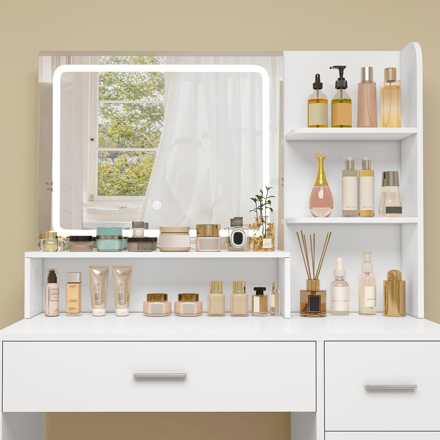 TEENFON Vanity Desk with Touch LIighted Mirror, Makeup Vanity Desk with 5 Drawers & Storage Shelves, Vanity Table, 3 Color Modes & Adjustable Brightness Dressing Table, Bedroom