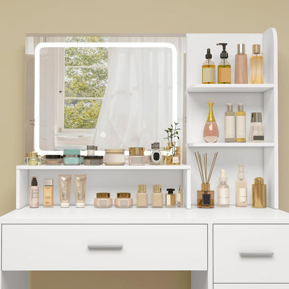 TEENFON Vanity Desk with Touch LIighted Mirror, Makeup Vanity Desk with 5 Drawers & Storage Shelves, Vanity Table, 3 Color Modes & Adjustable Brightness Dressing Table, Bedroom