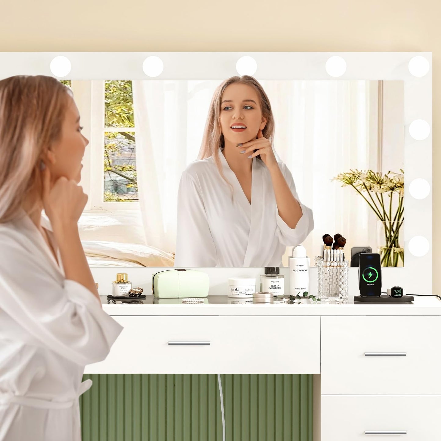 TEENFON 46" Vanity Desk with Glass Top & Lights Mirror, 3 Adjustable Lighting Color, Makeup Vanity with 9 Drawers and 12 LED Lights, Dressing Table for Bedroom, Vanity for Girls, White