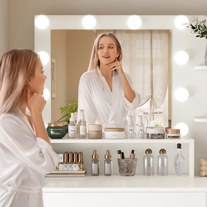 TEENFON Vanity Desk with Mirror and Lights, Makeup Vanity with 5 Drawers and 3 Storage Shelves, 3 Color Modes & Adjustable Brightness Dressing Table, Vanity for Girls, White