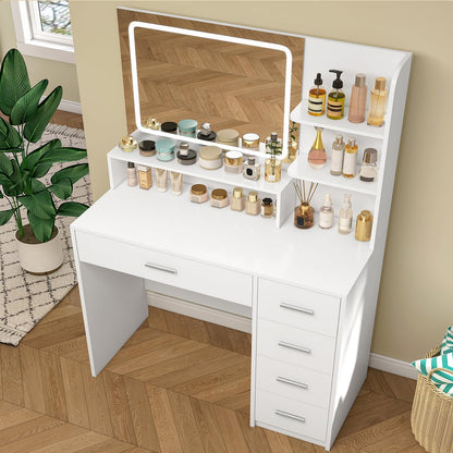 TEENFON Vanity Desk with Touch LIighted Mirror, Makeup Vanity Desk with 5 Drawers & Storage Shelves, Vanity Table, 3 Color Modes & Adjustable Brightness Dressing Table, Bedroom