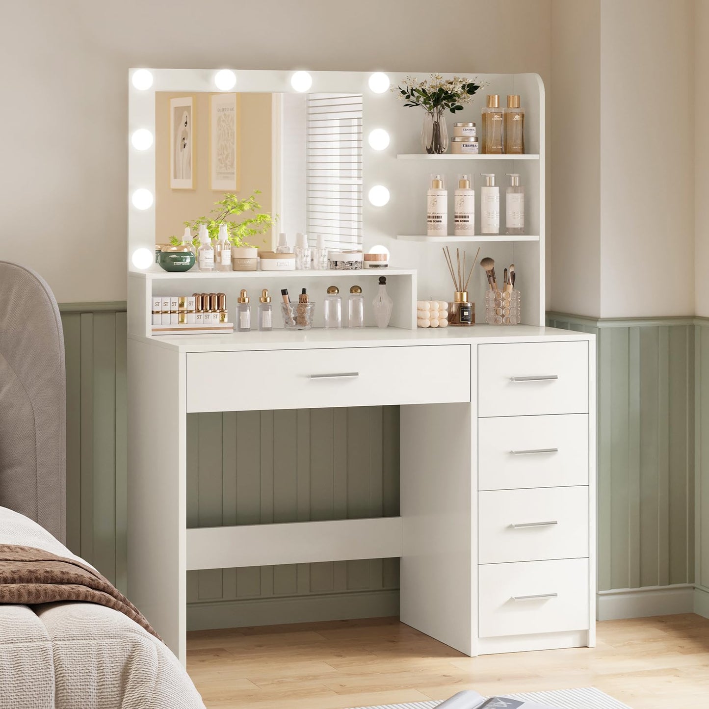 TEENFON Vanity Desk with Mirror and Lights, Makeup Vanity with 5 Drawers and 3 Storage Shelves, 3 Color Modes & Adjustable Brightness Dressing Table, Vanity for Girls, White