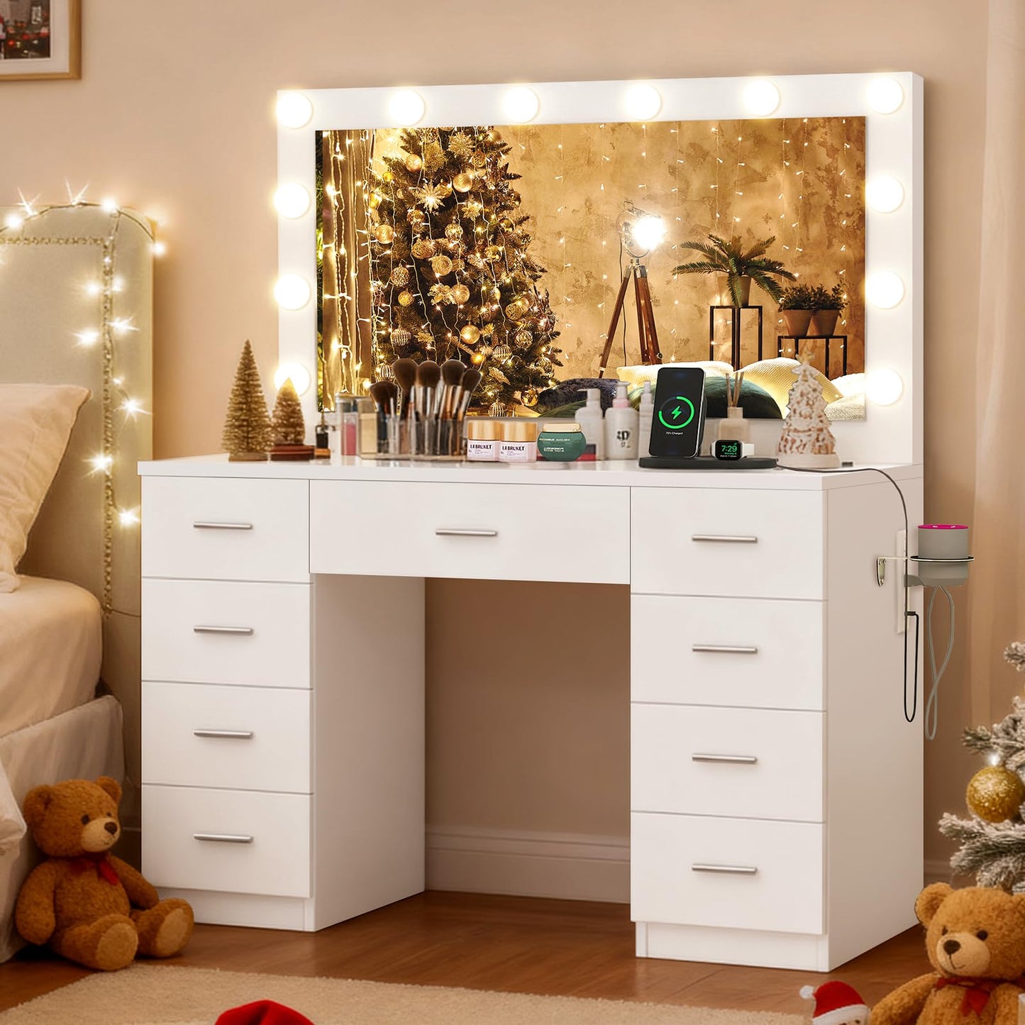 TEENFON 46" Vanity Desk with Glass Top & Lights Mirror, 3 Adjustable Lighting Color, Makeup Vanity with 9 Drawers and 12 LED Lights, Dressing Table for Bedroom, Vanity for Girls, White