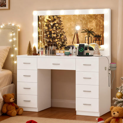 TEENFON 46" Vanity Desk with Glass Top & Lights Mirror, 3 Adjustable Lighting Color, Makeup Vanity with 9 Drawers and 12 LED Lights, Dressing Table for Bedroom, Vanity for Girls, White