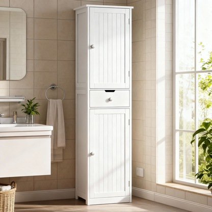 TEENFON Tall Bathroom Cabinet, Storage Cabinet with 2 Doors & 1 Drawer, Bathroom Storage Cabinets with Adjustable Shelves, for Living Room, Entryway, Home Office, White