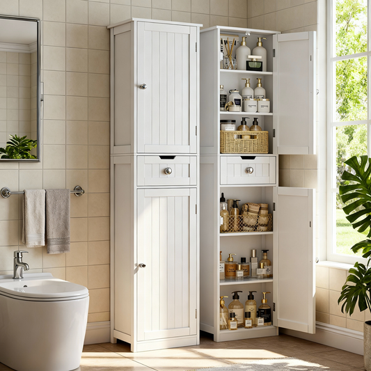 TEENFON Tall Bathroom Cabinet, Storage Cabinet with 2 Doors & 1 Drawer, Bathroom Storage Cabinets with Adjustable Shelves, for Living Room, Entryway, Home Office, White