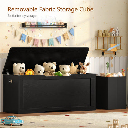TEENFON 47.2" Large Storage Chest with Fabric Drawer, Toy Box with Safety Hinges, Extra Wide Storage Bench for Bedroom, Living Room, Entryway, Supports 300 lb, Black