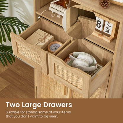 TEENFON Storage Cabinet with 2 Drawers & Adjustable Shelves, Rattan Cabinet, Kitchen Pantry Cabinets, Cupboard for Living Room, Kitchen, Home Office, Natural