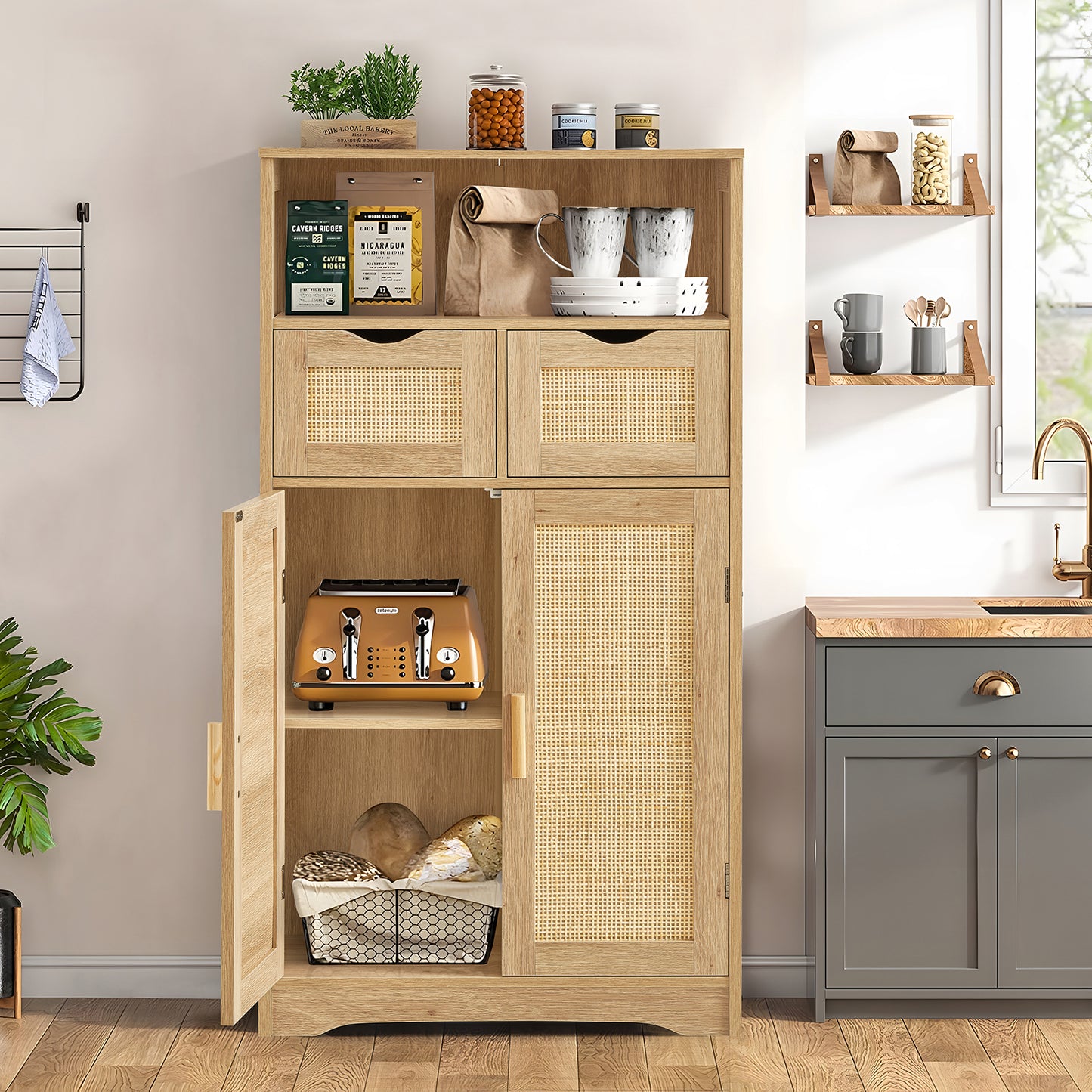 TEENFON Storage Cabinet with 2 Drawers & Adjustable Shelves, Rattan Cabinet, Kitchen Pantry Cabinets, Cupboard for Living Room, Kitchen, Home Office, Natural